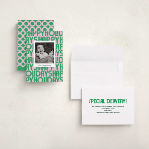 This is a candy holiday photo cards with standard by Up Up Creative called letters printing on recycled smooth signature in grand