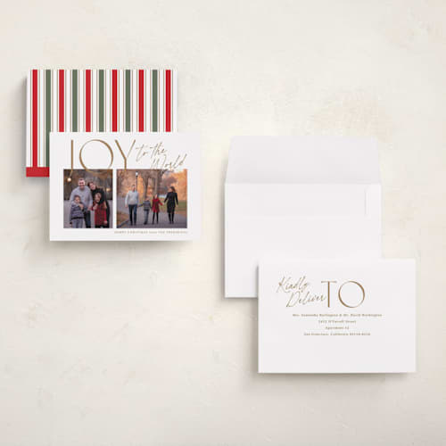 This is a butterscotch holiday photo cards with standard by Jackie Crawford called joyfully duo printing on recycled smooth signature in grand
