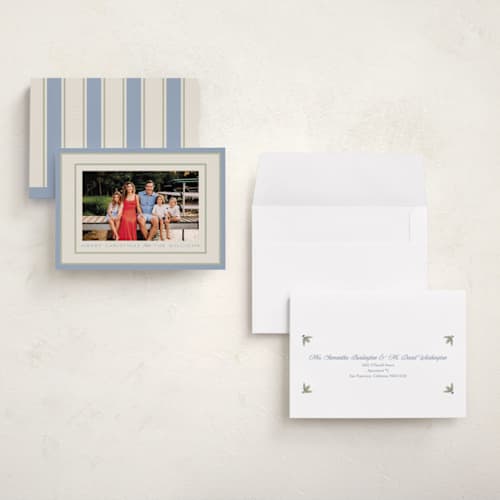 This is a periwinkle holiday photo cards with standard by Robert and Stella called polka dot frame printing on recycled smooth signature in grand