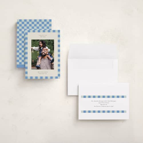 This is a sky holiday photo cards with standard by Jackie Crawford called fun border checkers printing on recycled smooth signature in grand