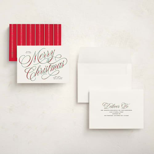 This is a stocking holiday photo cards with standard by Owl and Toad called festive outlines printing on signature in grand