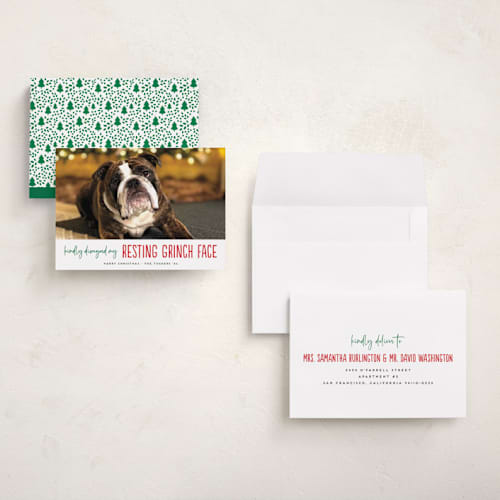 This is a snowball holiday photo cards with standard by Erica Krystek called grinch face printing on recycled smooth signature in grand