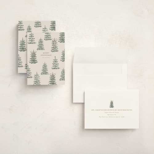This is a champagne holiday photo cards with standard by Angela Garrick called festive forest printing on signature in grand