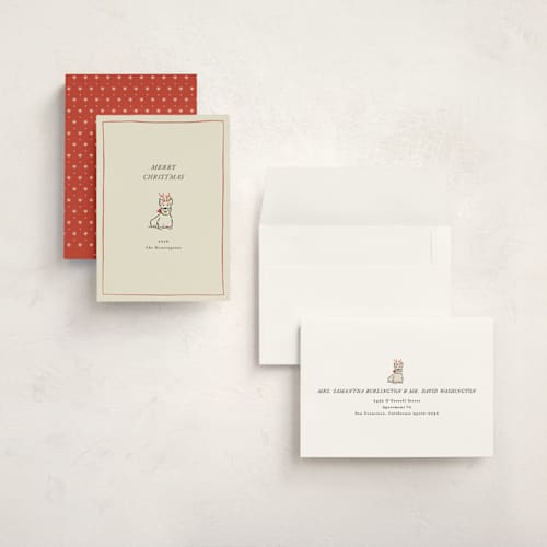 This is a poinsettia holiday photo cards with standard by Becky Nimoy called scottie dog printing on signature in grand