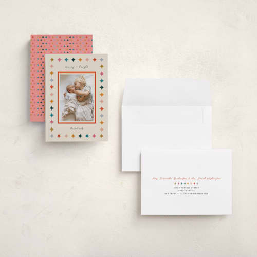 This is a tinsel holiday photo cards with standard by Sierra Lee called colorful stars printing on signature in grand