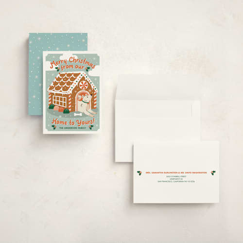This is a cider holiday photo cards with standard by THE SOCIAL TYPE WHOLESALE called gingerbread dog house printing on signature in grand