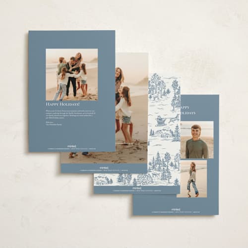 This is a periwinkle holiday photo cards with standard by Jennifer Lew called christmas toile printing on signature in grand