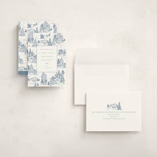 This is a periwinkle holiday photo cards with standard by Jennifer Lew called christmas toile printing on signature in grand
