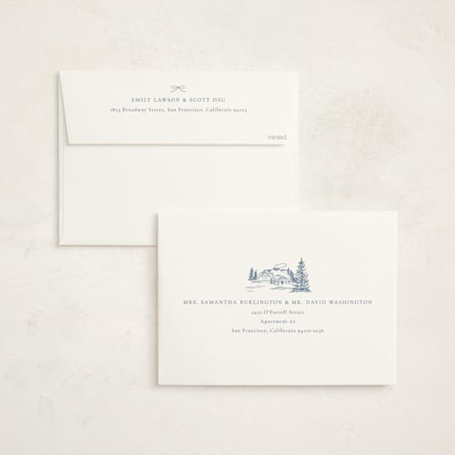 This is a periwinkle holiday photo cards with standard by Jennifer Lew called christmas toile printing on signature in grand