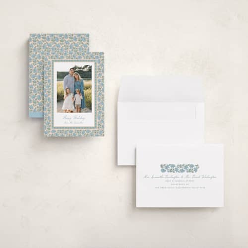 This is a blue jay holiday photo cards with standard by Creo Study called floral block print printing on recycled smooth signature in grand