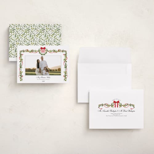 This is a candy cane holiday photo cards with standard by Susan Moyal called bows & ribbon printing on signature in grand