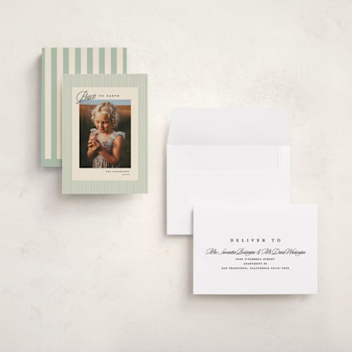 This is a pine holiday photo cards with standard by Creo Study called heavenly peace printing on recycled smooth signature in grand