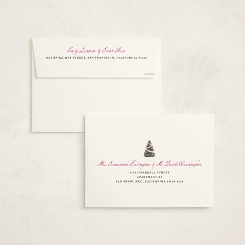 This is a winter rose holiday photo cards with standard by Cass Loh called evergreen magic printing on signature in grand