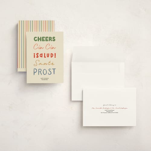 This is a retro holiday photo cards with standard by Helena Vitto called cheers to all printing on signature in grand