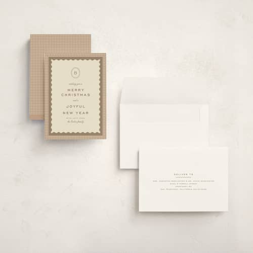 This is a cinnamon holiday photo cards with standard by Ellen Schlegelmilch called gingham layers printing on signature in grand