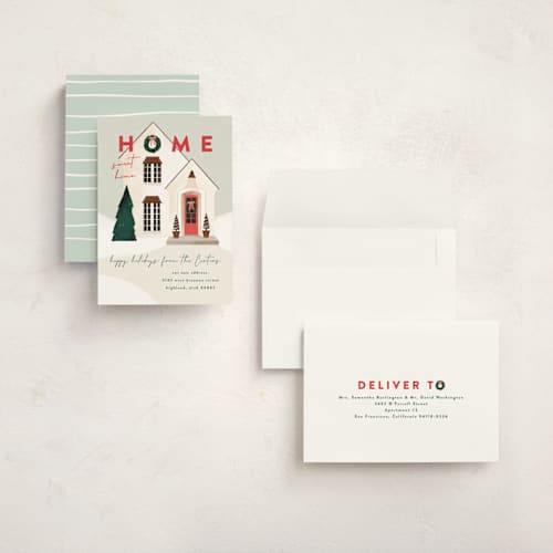This is a morning mist holiday photo cards with standard by Julie Murray called new place printing on signature in grand