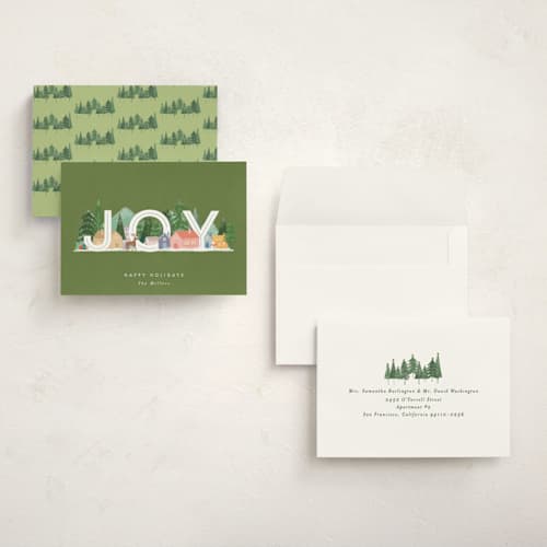 This is a forest holiday photo cards with standard by Bethan called joyful scene printing on signature in grand
