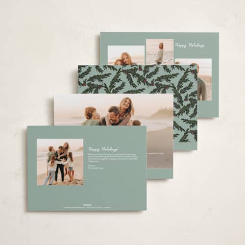 This is a mint holiday photo cards with standard by Wendy Taylor called snow village printing on signature in grand