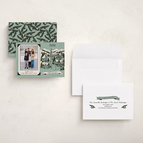 This is a mint holiday photo cards with standard by Wendy Taylor called snow village printing on signature in grand