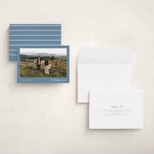 This is a sky blue holiday photo cards with standard by Nicole Walsh called modern minimalist printing on signature in grand