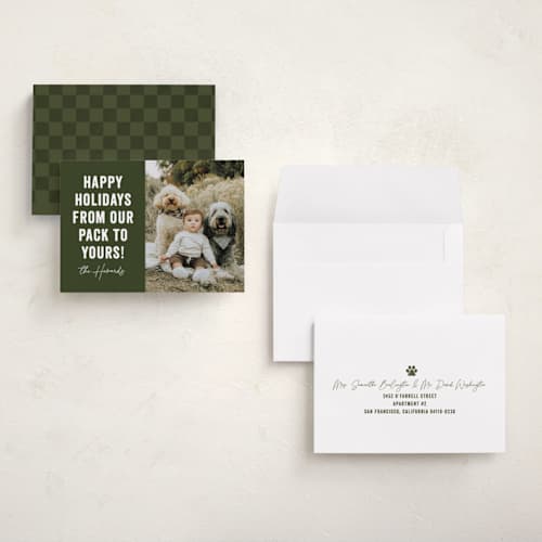 This is a evergreen holiday photo cards with standard by Brooke Chandler called our pack to yours printing on recycled smooth signature in grand