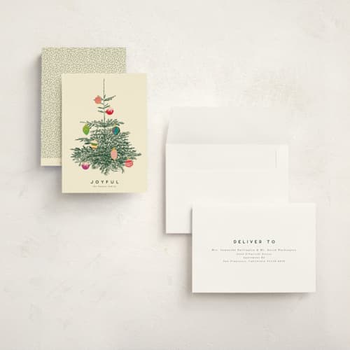 This is a ivory holiday photo cards with standard by Baumbirdy called retro tree printing on signature in grand