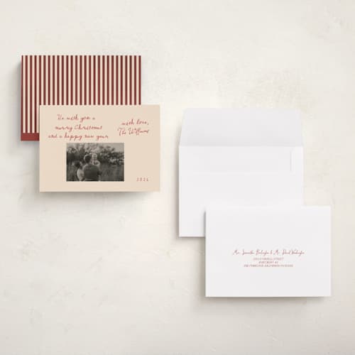 This is a burgundy holiday photo cards with standard by Rina Ozum called vintage card photo printing on signature in grand