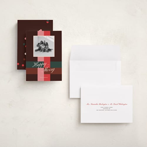 This is a peppermint holiday photo cards with standard by Annie Clark called that's a wrap! printing on signature in grand