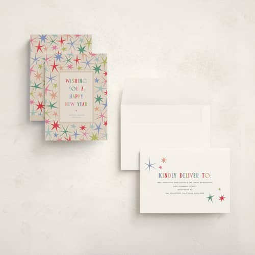 This is a fruitcake holiday photo cards with standard by Pixel and Hank called new year star frame printing on signature in grand