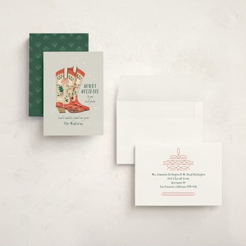 This is a fog holiday photo cards with standard by Leia Matt called howdy holidays boots printing on signature in grand