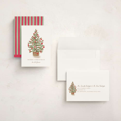 This is a santa suit holiday photo cards with standard by Creo Study called preppy tree printing on signature in grand