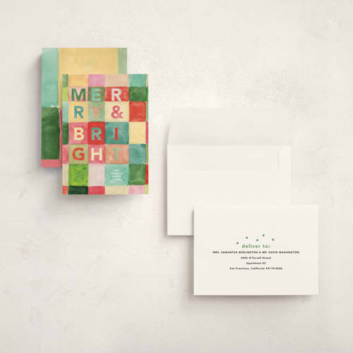 This is a pine holiday photo cards with standard by Lindsay Megahed called bright blocks printing on signature in grand
