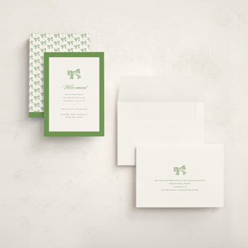 This is a sage holiday photo cards with standard by Sara Hicks Malone called holiday bow printing on signature in grand