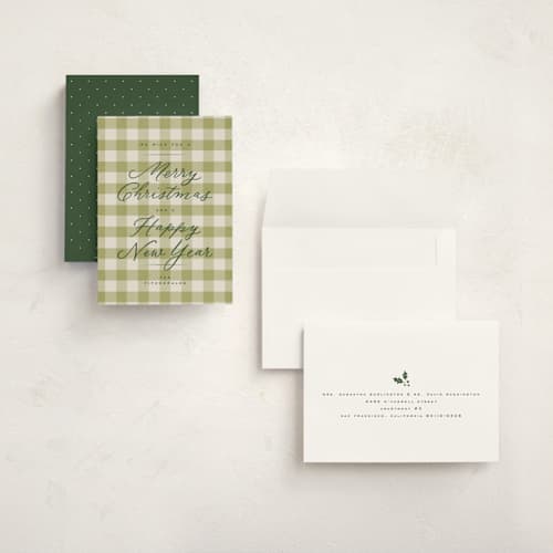 This is a christmas tree holiday photo cards with standard by Wildfield Paper Co called pine gingham printing on signature in grand
