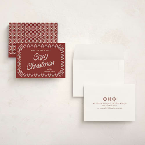 This is a poinsettia holiday photo cards with standard by Kelly Watkins called coziest christmas printing on signature in grand