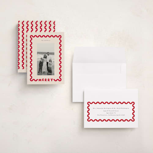 This is a cream holiday photo cards with standard by Iveta Angelova called merry wave printing on signature in grand