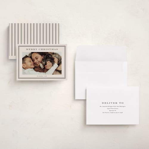 This is a vanilla bean holiday photo cards with standard by Stacey Meacham called engraved type printing on signature in grand