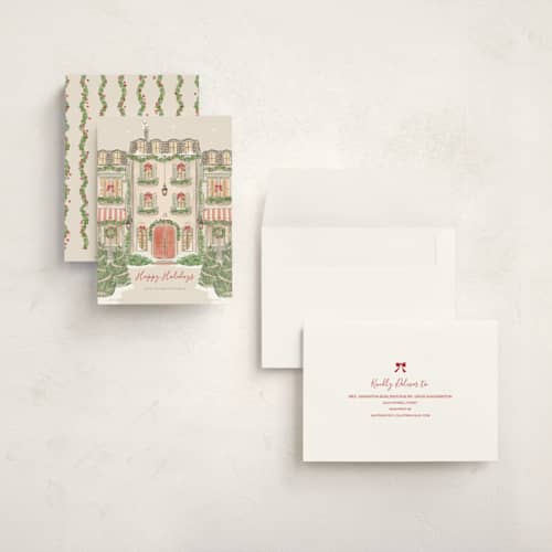 This is a pine holiday photo cards with standard by Anne Ciotola called french quarter holiday printing on signature in grand