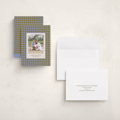 This is a blueberry holiday photo cards with standard by Beth Vassalo called cozy gingham printing on recycled smooth signature in grand