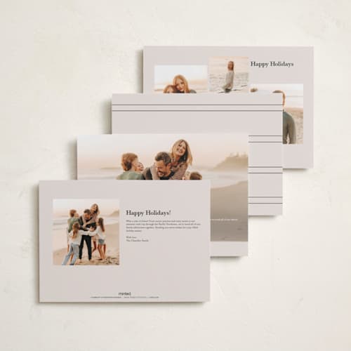 This is a tan holiday photo cards with standard by Nicole Walsh called pano script printing on signature in grand