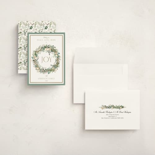 This is a wintermint holiday photo cards with standard by Susan Moyal called peace, love & hope printing on signature in grand