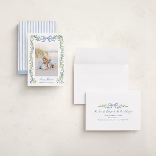 This is a coastal holiday photo cards with standard by Sarah Knight called striped bow printing on signature in grand
