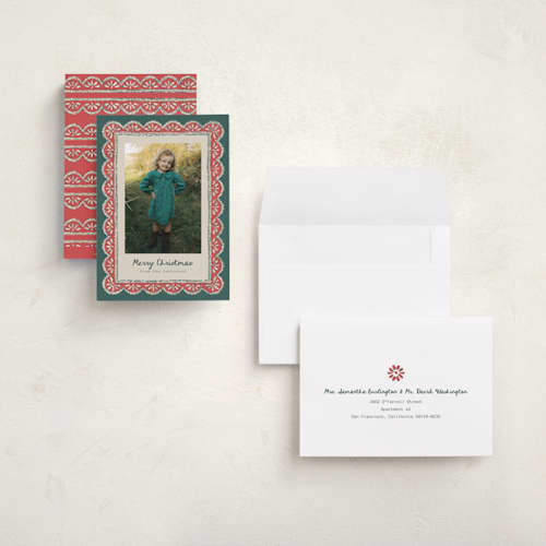 This is a forest holiday photo cards with standard by Chris Griffith called holiday chantilly lace printing on signature in grand
