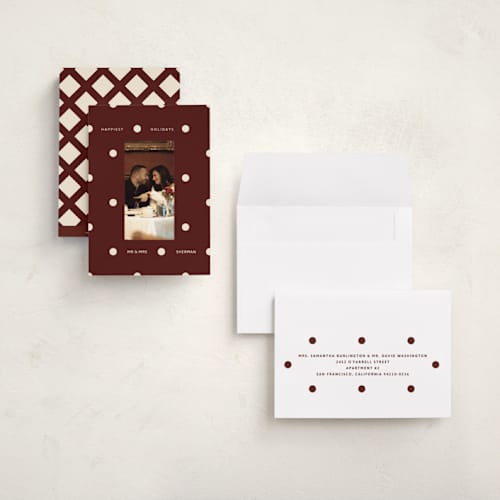 This is a mulled wine holiday photo cards with standard by Inkblot Design called jingle dot printing on signature in grand