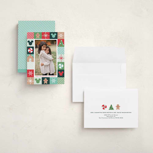 This is a teal holiday photo cards with standard by Annie Holmquist called disney's mickey mouse holiday border printing on recycled smooth signature in grand
