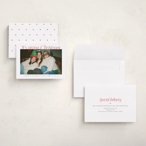 This is a cardinal holiday photo cards with standard by Itsy Belle Studio called it's giving christmas printing on signature in grand