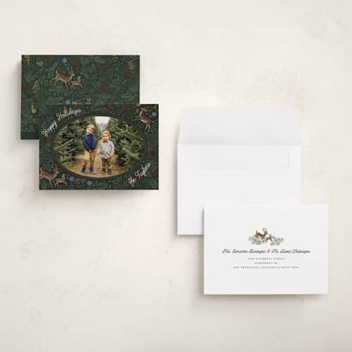 This is a pine needle holiday photo cards with standard by Jenna Holcomb called embroidered forest printing on signature in grand