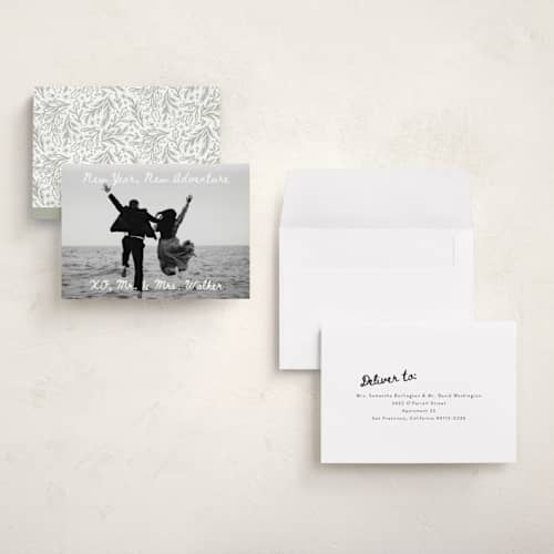 This is a winter holiday photo cards with standard by Alethea and Ruth called new adventure xo's printing on recycled smooth signature in grand