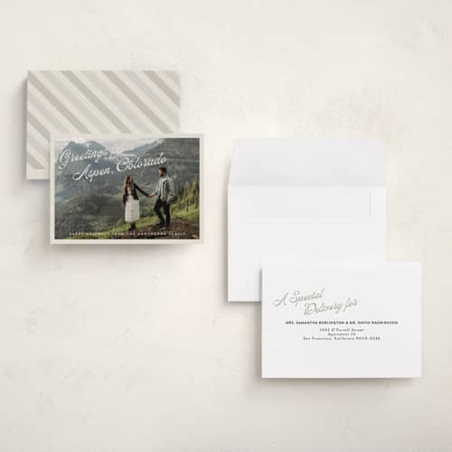 This is a eggnog holiday photo cards with standard by Randi Cirelli called globetrotting greetings printing on recycled smooth signature in grand