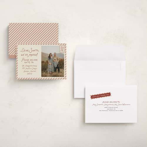 This is a toffee holiday photo cards with standard by Rebecca Dymon called dear santa, we've moved! printing on signature in grand